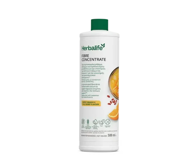 Herbalife Fibre Concentrate bottle with green cap, front label visible (sweet orange & goji berry flavour), 500 ml