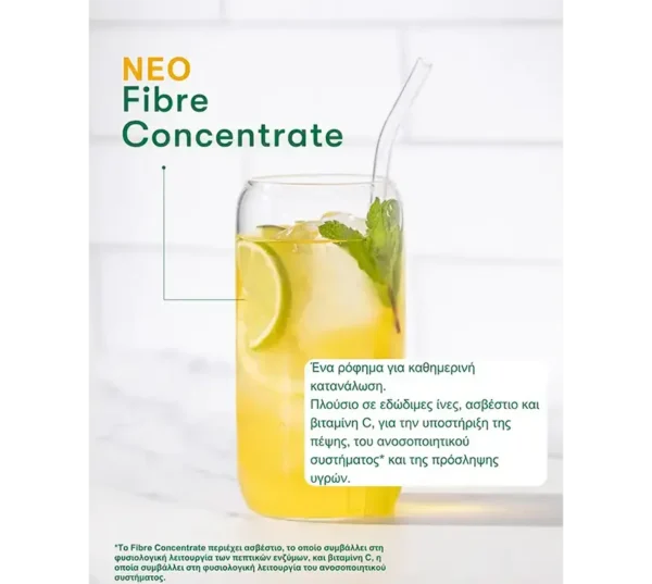 Neo Fibre Concentrate packaging showing a glass of lemon-mint drink with the product name visible on the left.