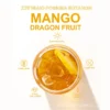 Mango_Fruit4 - Presidents Couple Cy Mango Dragon Fruit drink with ice in a glass, tropical flavor label, surrounded by icons: gluten-free, sugar-free, 6 kcal per serving, and contains caffeine.