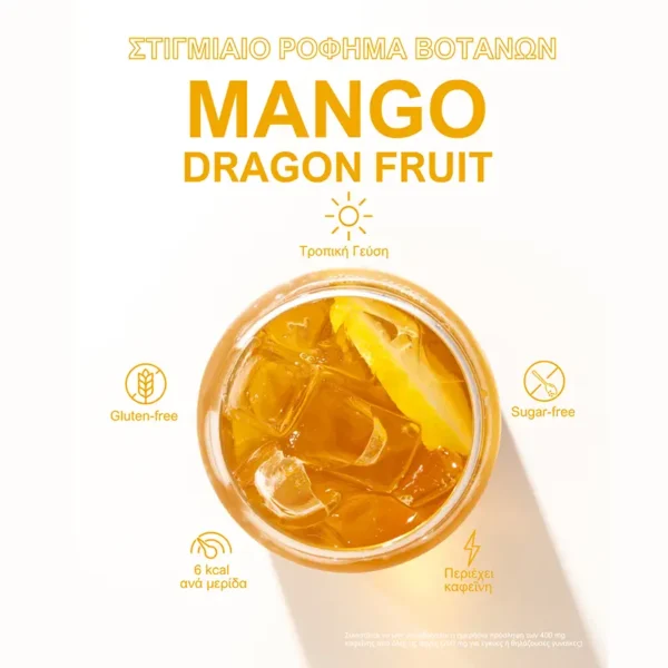 Mango_Fruit4 - Presidents Couple Cy Mango Dragon Fruit drink with ice in a glass, tropical flavor label, surrounded by icons: gluten-free, sugar-free, 6 kcal per serving, and contains caffeine.